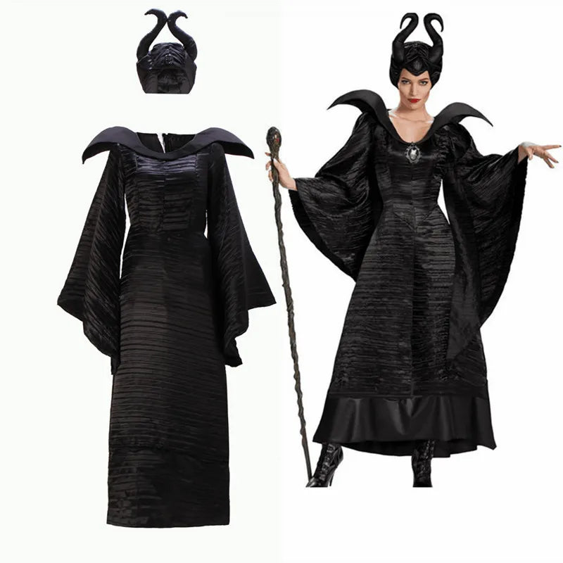 Maleficent Halloween Costume Dress | Witch & Demon Queen Outfit with Horns Hat