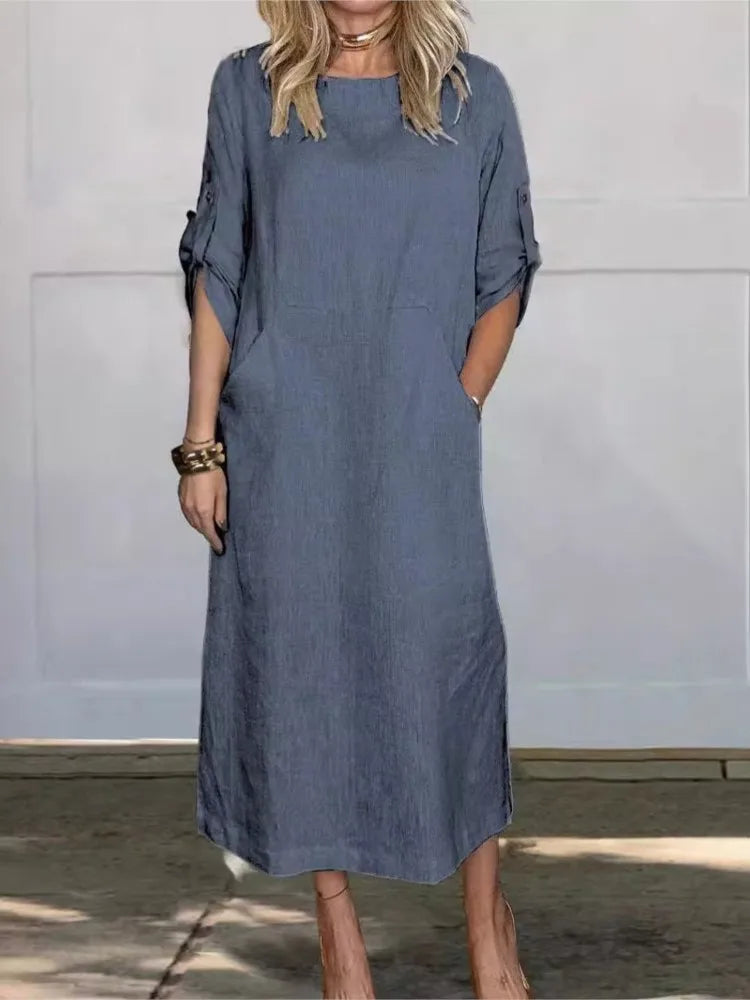 Cotton Linen Dress For Women 2026 Summer Loose Casual Solid Color Short-sleeved Pockets Long Dresses Elegant Women's Clothing