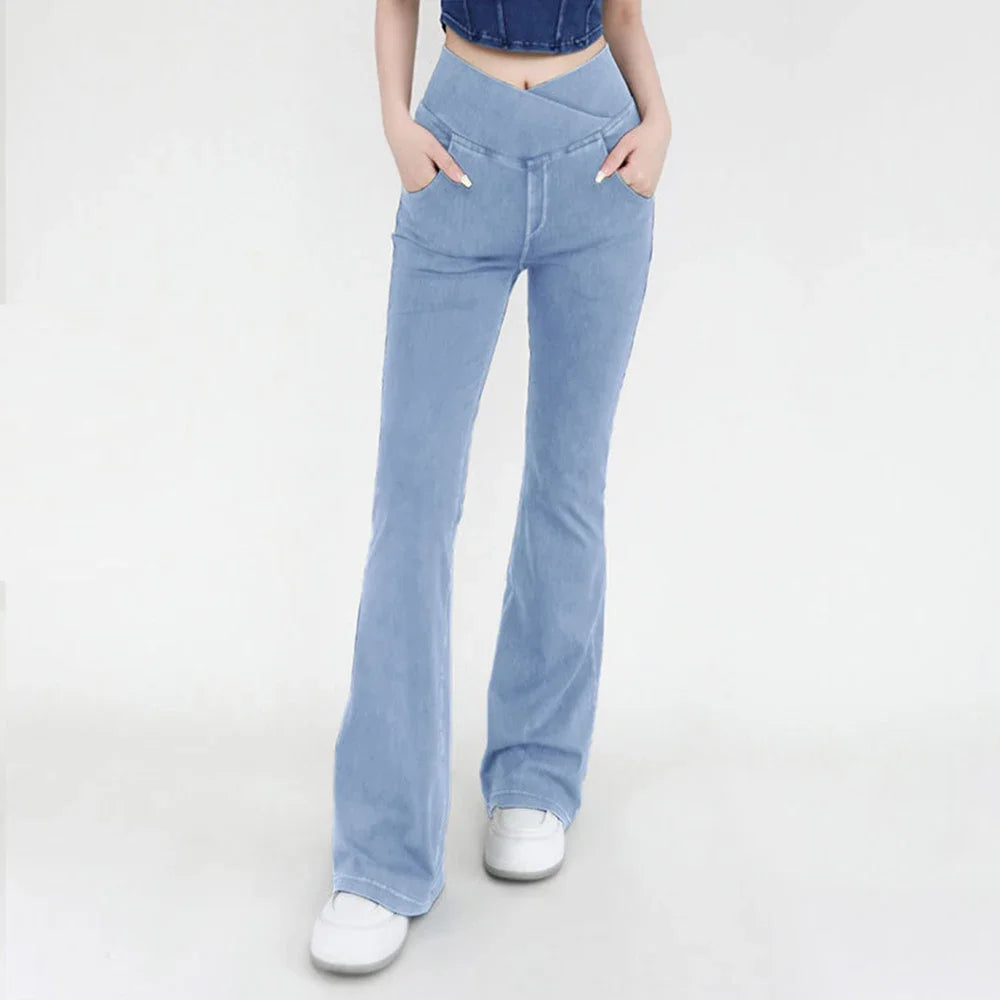 Yoga Jeans for Women Denim Pants Sexy Flared Trousers Lady Pants Hip Lifting and Cross Waist Design Indoor Sports Outdoor Flared