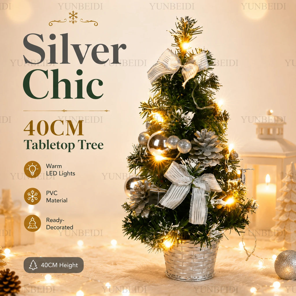 40cm Decorated LED Tabletop Christmas Tree – Gold, Red or Silver