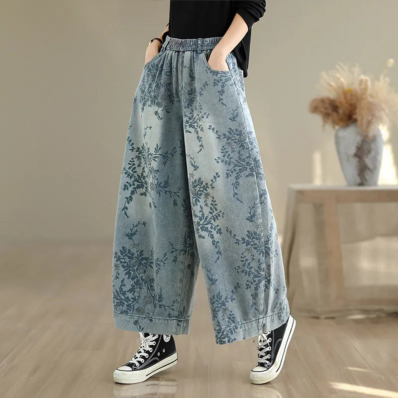 Women's Retro Printed Denim Jeans – Elastic Waist Wide Leg Trousers