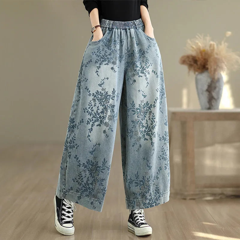 Women's Retro Printed Denim Jeans – Elastic Waist Wide Leg Trousers