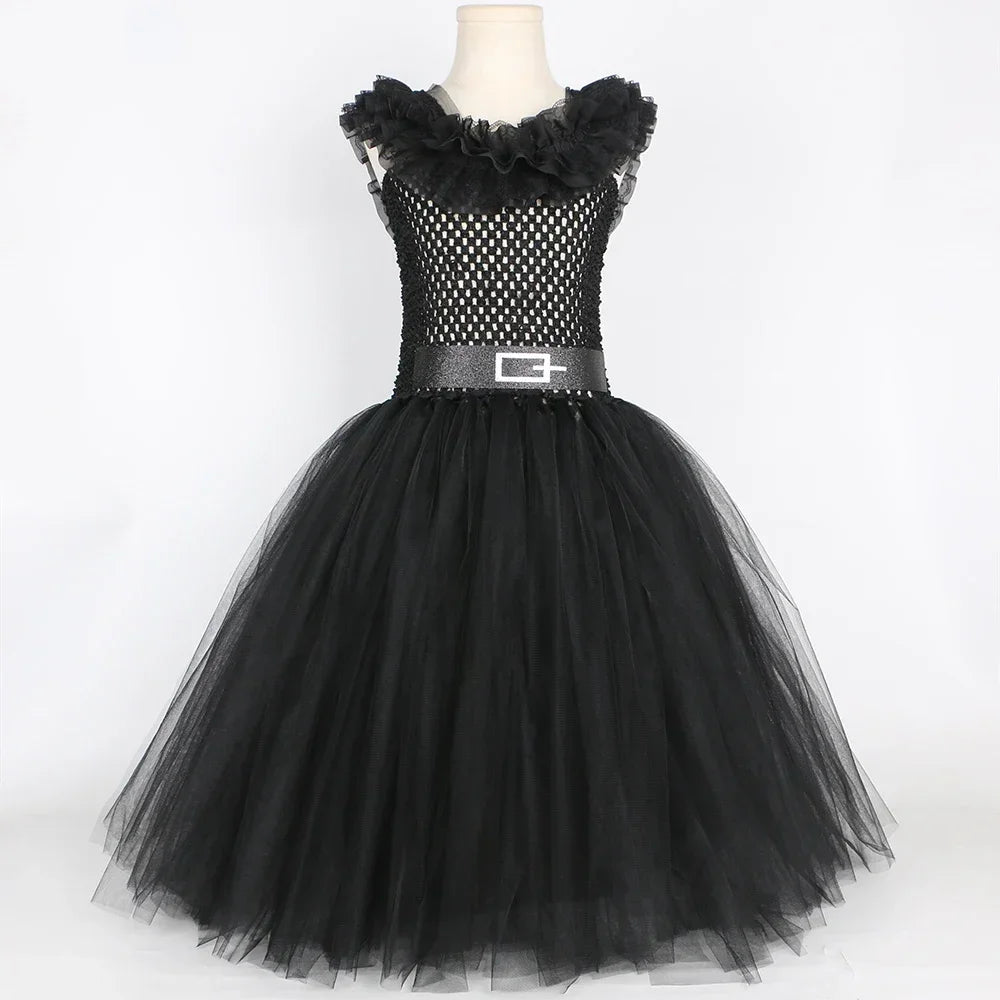 Girls Gothic Halloween Tutu Dress | Wednesday Black Lace Costume