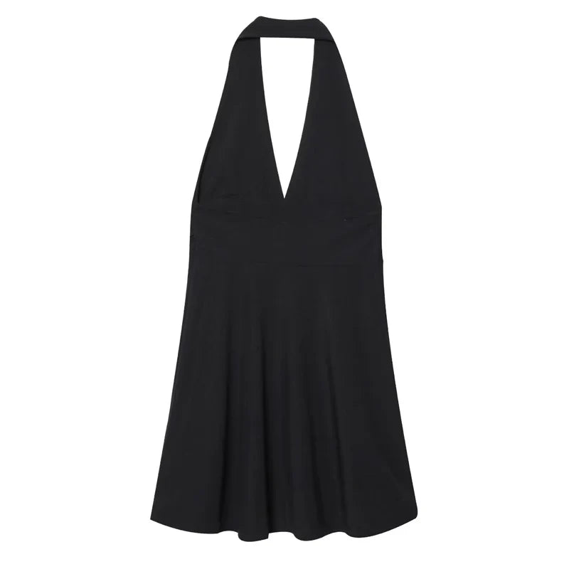 High Waist Pleated Halter Backless A-Line Mini Dress
