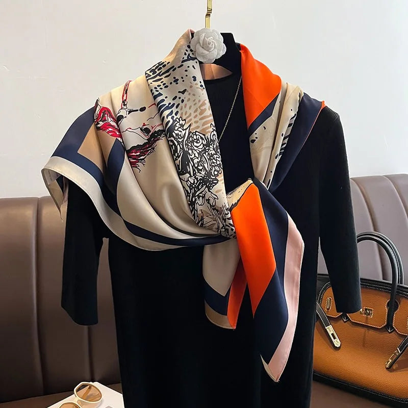 Women's Printed Square Silk Scarf – 90×90cm Headwrap & Bandana