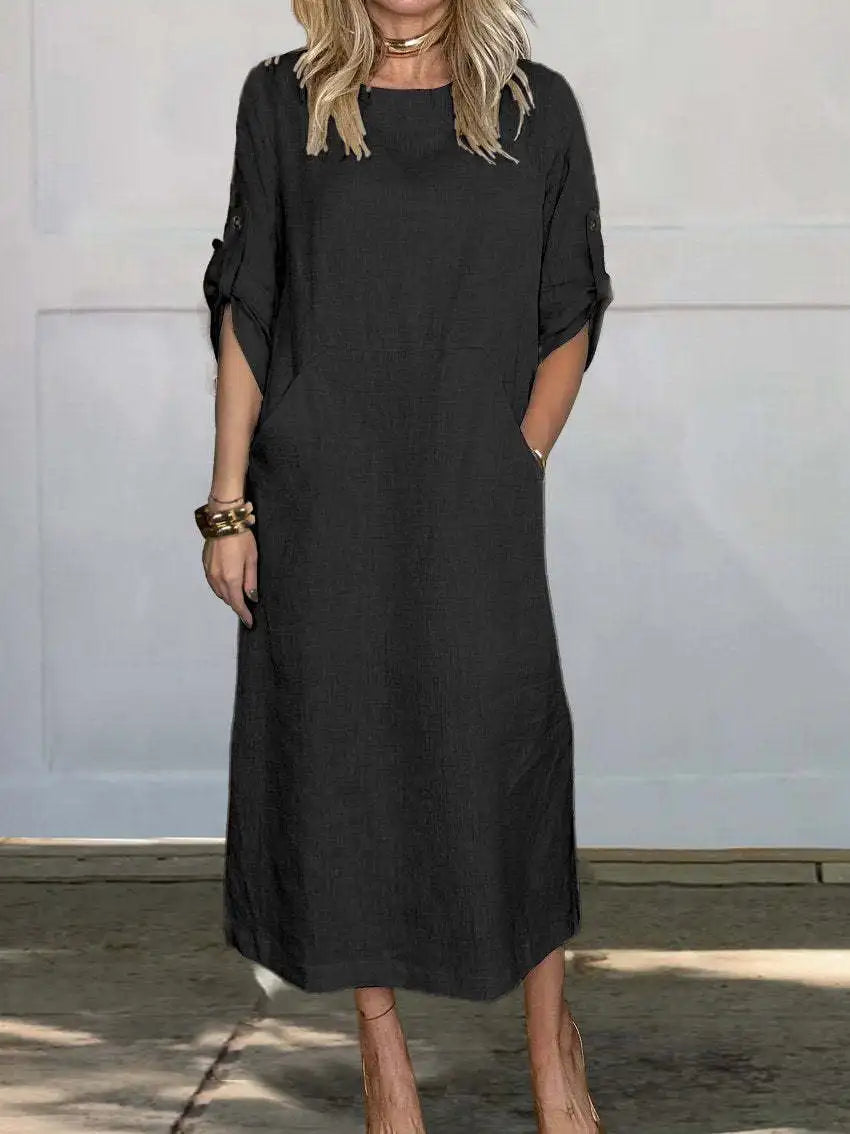 Cotton Linen Dress For Women 2026 Summer Loose Casual Solid Color Short-sleeved Pockets Long Dresses Elegant Women's Clothing