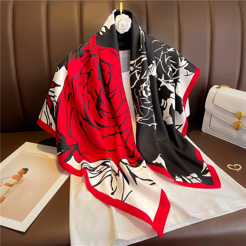 Women's Floral Silk Square Scarf – 90×90cm Headwrap & Hijab