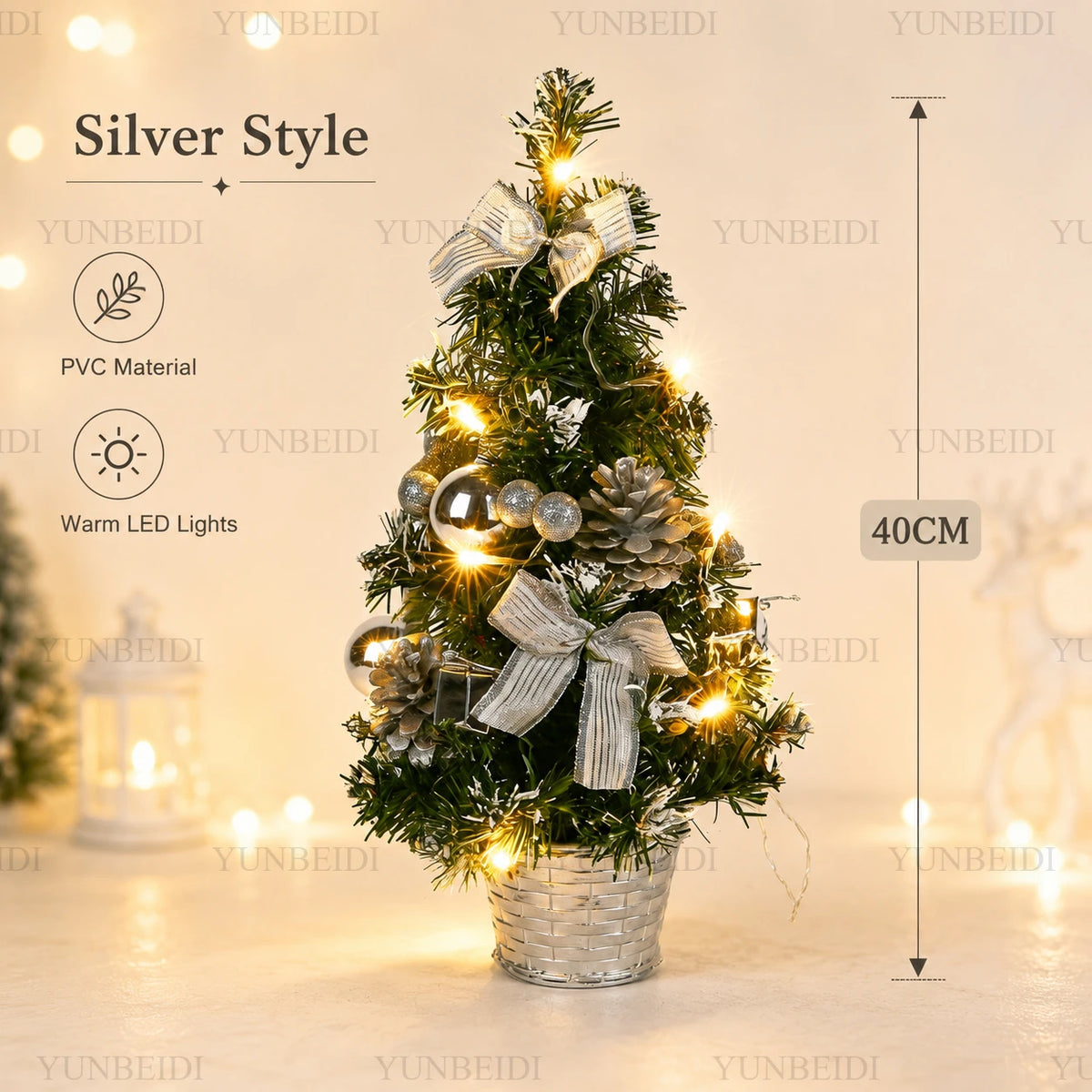 40cm Decorated LED Tabletop Christmas Tree – Gold, Red or Silver