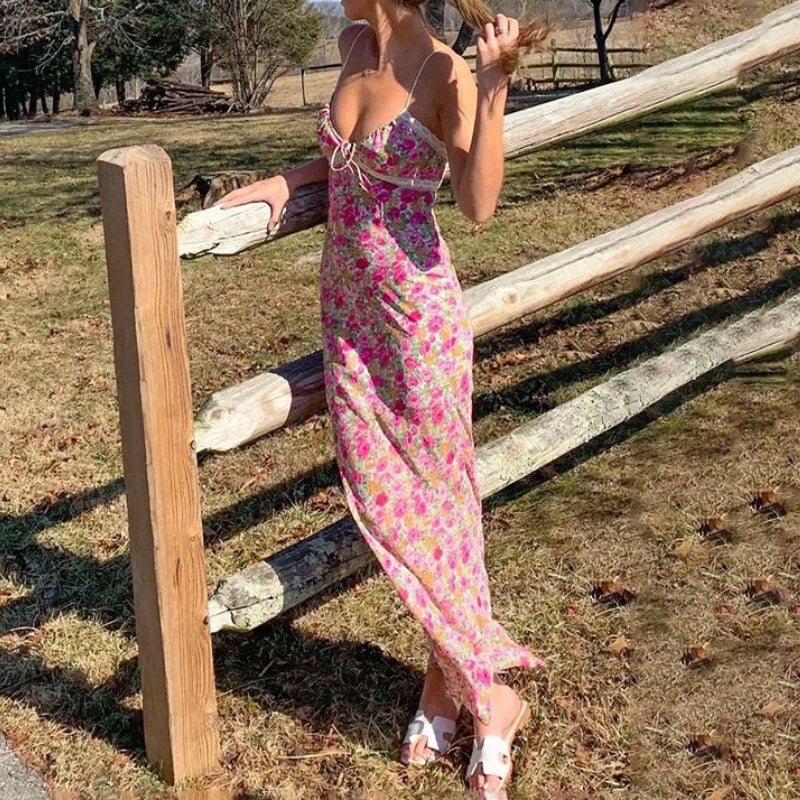 Women's Floral Print Lace Suspenders Dress – Summer Beach Outfit