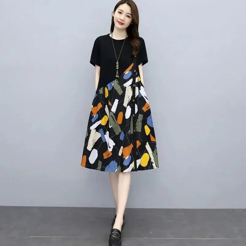 Silk Printing Black Woman Dress 2025 Midi Clothes White Dresses for Women Satin Chiffon Promotion New Features of Cotton Summer