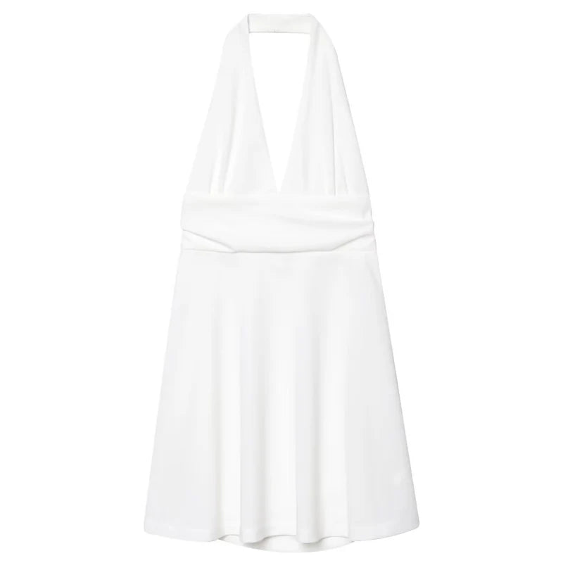 High Waist Pleated Halter Backless A-Line Mini Dress