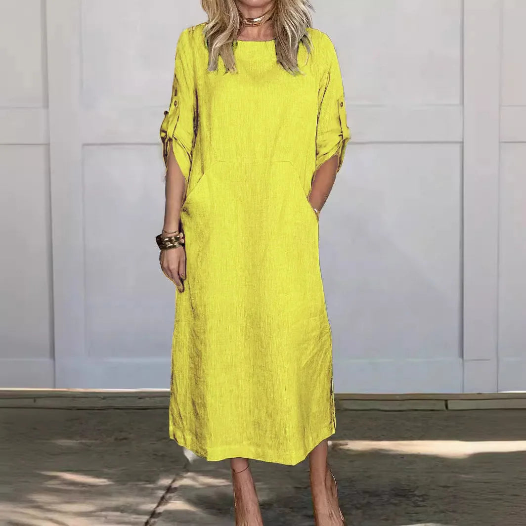 Cotton Linen Dress For Women 2026 Summer Loose Casual Solid Color Short-sleeved Pockets Long Dresses Elegant Women's Clothing