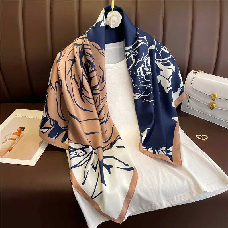 Women's Floral Silk Square Scarf – 90×90cm Headwrap & Hijab