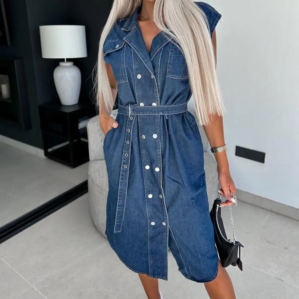 Cotton Blend Dress Denim Shirt Dress for Women A-line Tie Waist Jean Dress with Lapel Button Down Summer Office Party Outfit