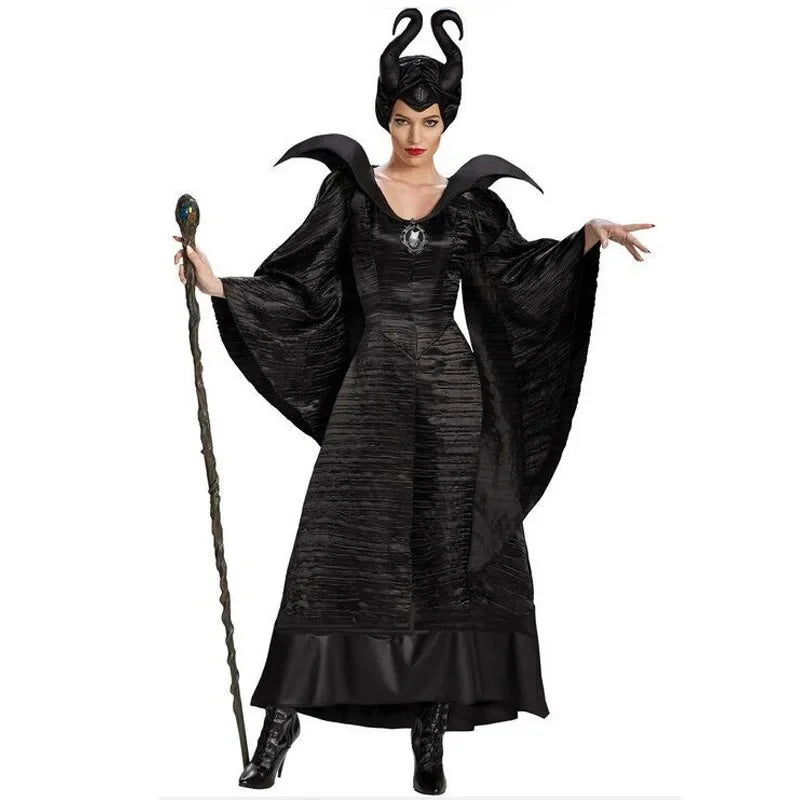 Maleficent Halloween Costume Dress | Witch & Demon Queen Outfit with Horns Hat