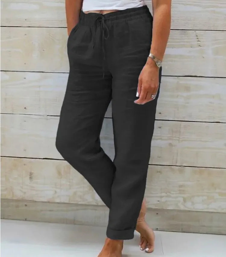 Women's Cotton Linen Casual Trousers – High Waist Elastic Waist Summer Pants
