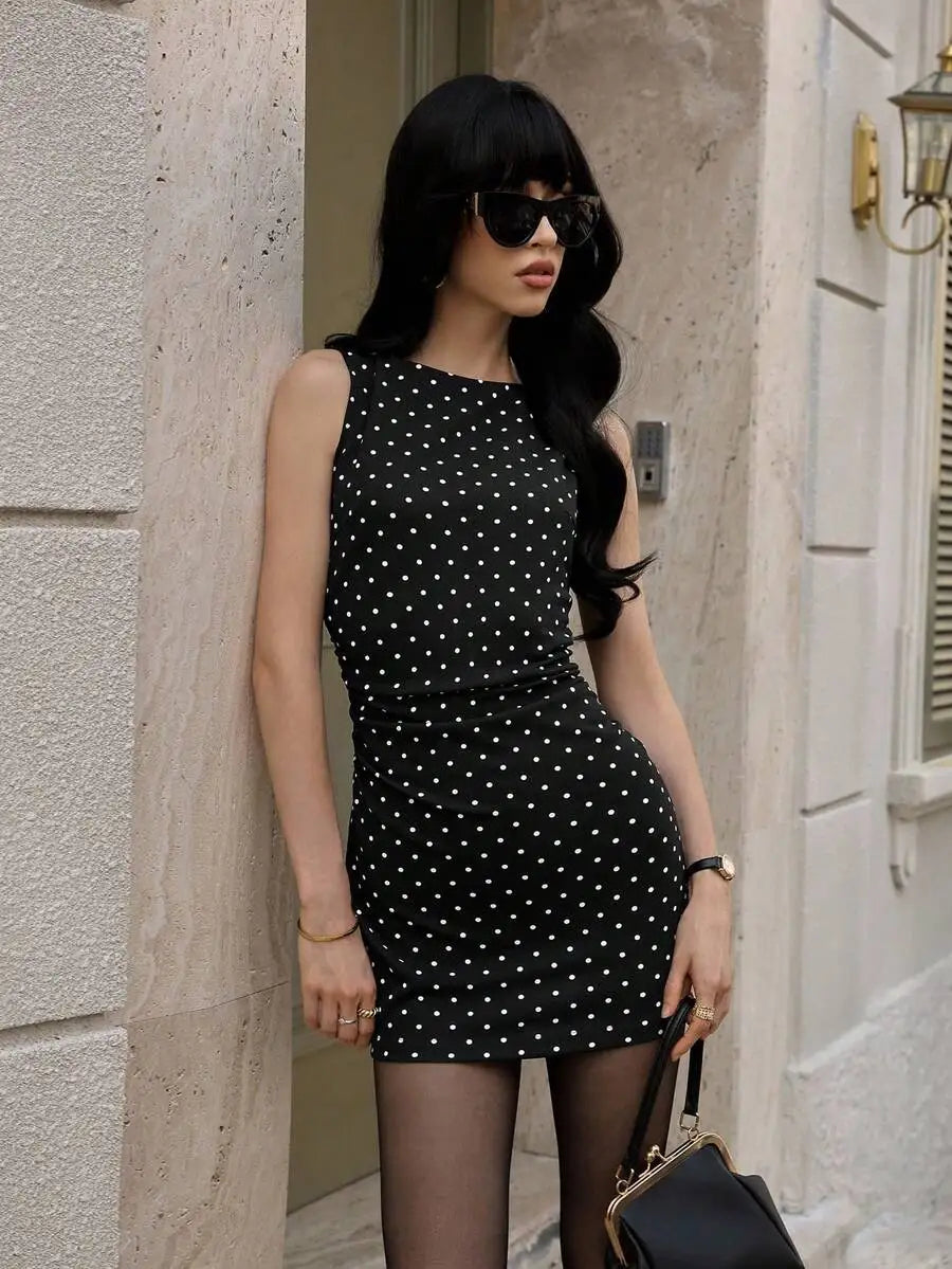 Dot Print Ruched Waist Sleeveless Mini Dress