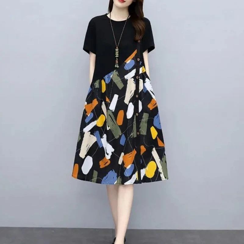 Silk Printing Black Woman Dress 2025 Midi Clothes White Dresses for Women Satin Chiffon Promotion New Features of Cotton Summer