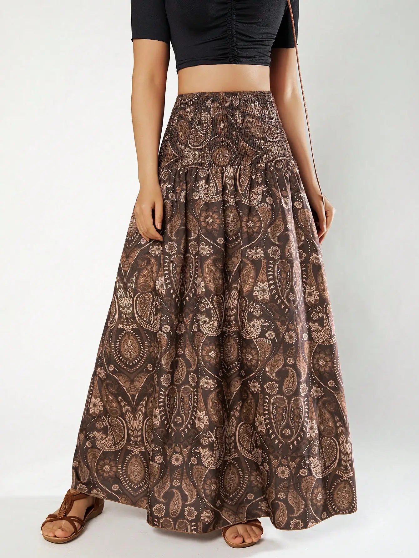 Paisley Smocked Maxi Skirt | Boho High Waist Flared Skirt for Women