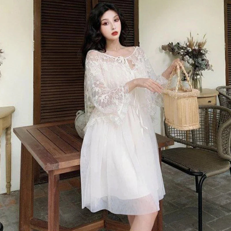 Women's White Dress Set – Slash Neck Gauze Midi Dress
