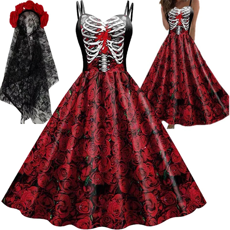 Halloween Skull Print Halter Dress | Gothic Party Dress for Women