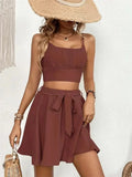 Summer Women 2 Pieces Sets O-Neck Sleeveless Crop Top & Buckled Shorts Skirt Set Female Sexy Belt Design Suits