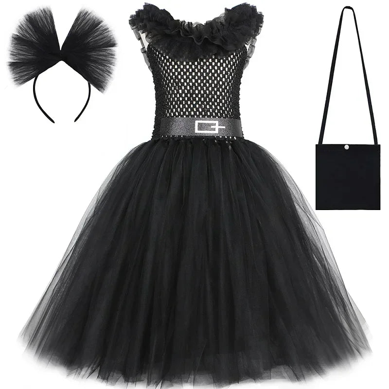 Girls Gothic Halloween Tutu Dress | Wednesday Black Lace Costume