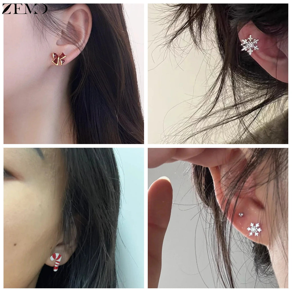 ZEMO 3-6pairs/lot Christmas Series Earring Set Women Men Cute Deer Stud Earrings Candy Cane Snowflake Ear Helix Tragus Piercings