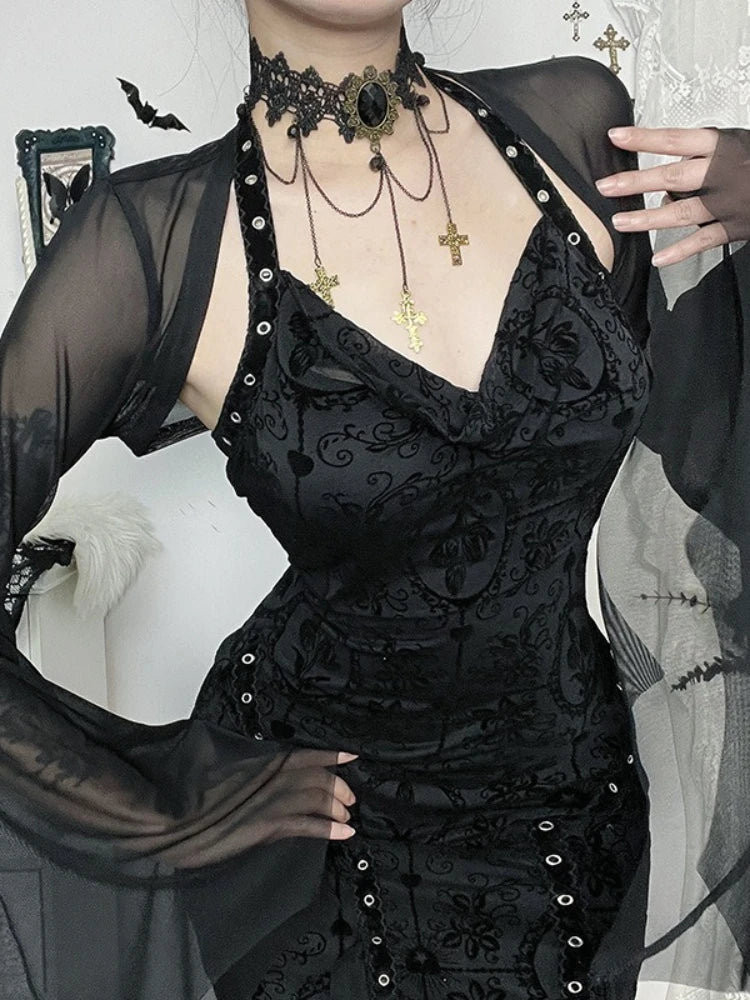 Women's Gothic Mesh Crop Blouse – Halloween Bat Sleeve See-Through Top