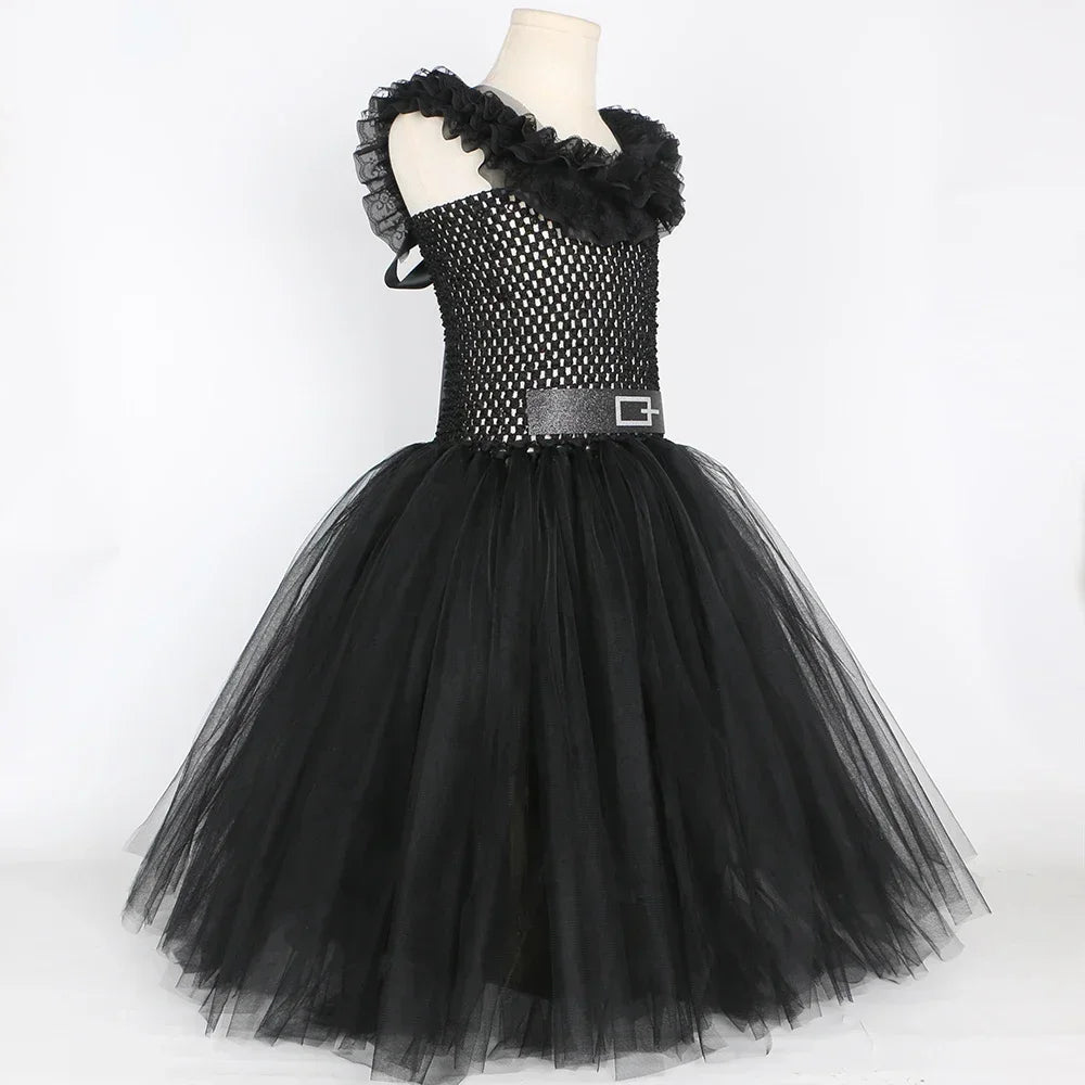 Girls Gothic Halloween Tutu Dress | Wednesday Black Lace Costume