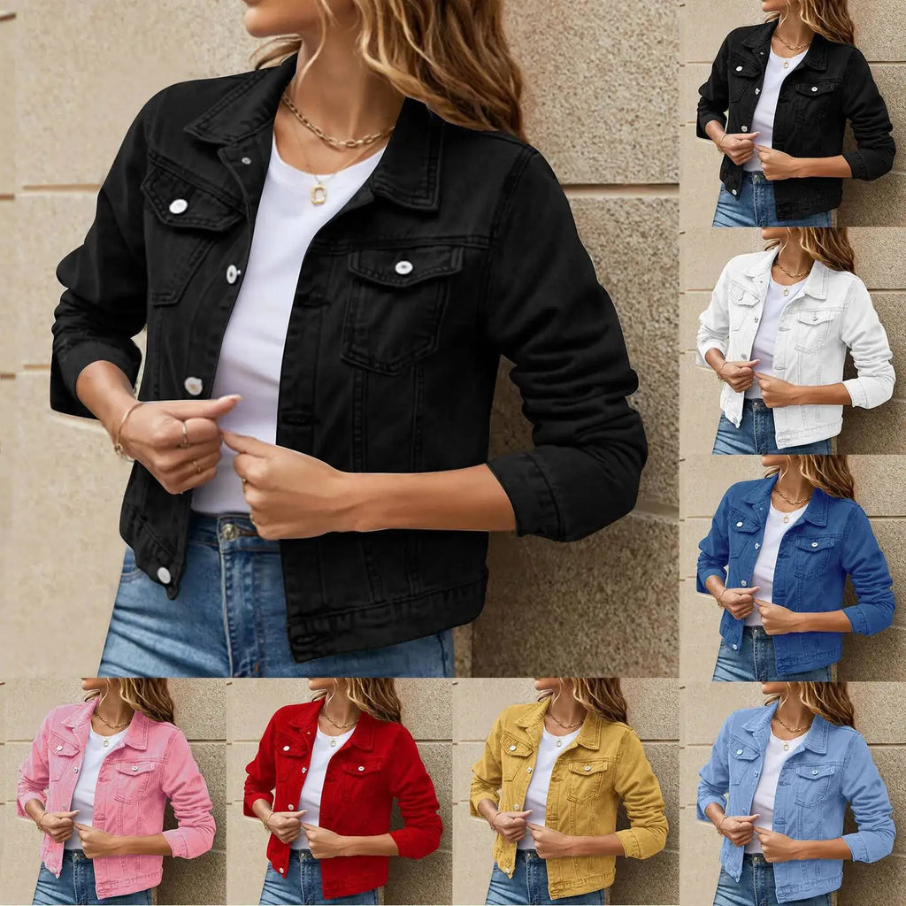 Solid Denim Jacket – Long Sleeve Casual Jean for Women