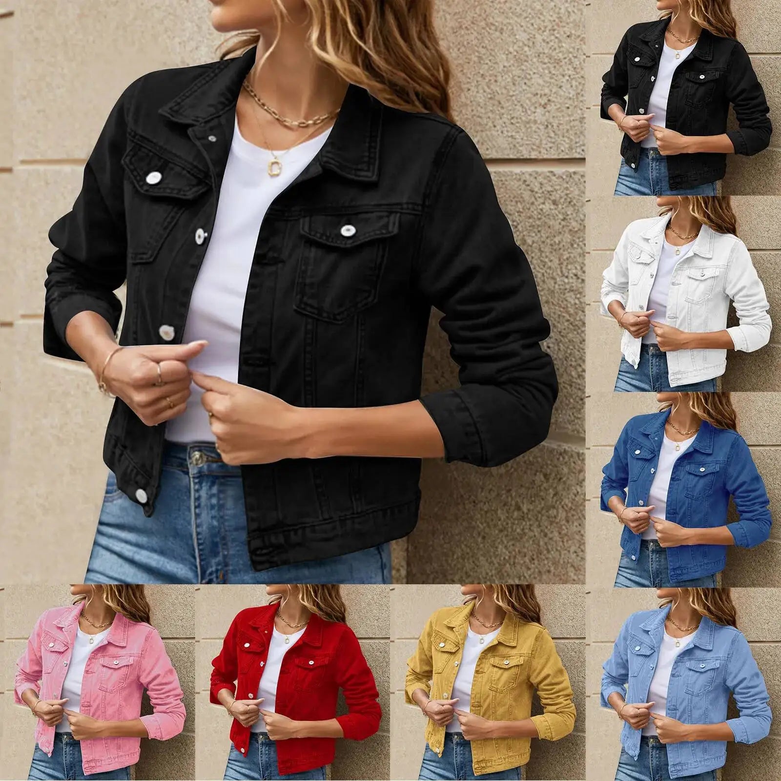 Solid Denim Jacket – Long Sleeve Casual Jean for Women
