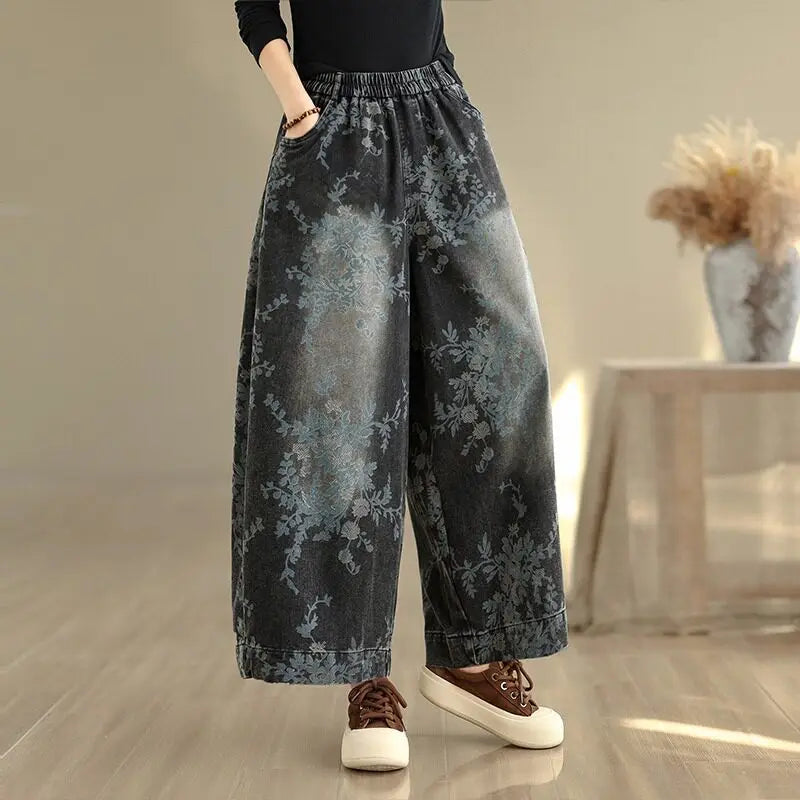 Women's Retro Printed Denim Jeans – Elastic Waist Wide Leg Trousers