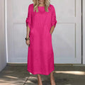 Cotton Linen Dress For Women 2026 Summer Loose Casual Solid Color Short-sleeved Pockets Long Dresses Elegant Women's Clothing