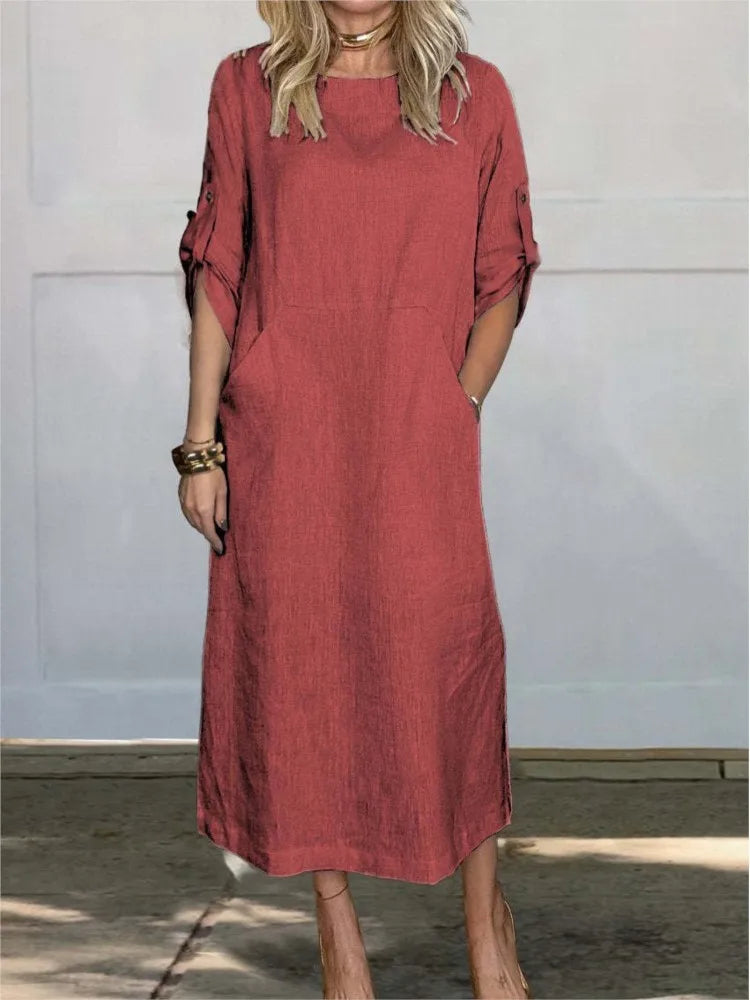 Cotton Linen Dress For Women 2026 Summer Loose Casual Solid Color Short-sleeved Pockets Long Dresses Elegant Women's Clothing