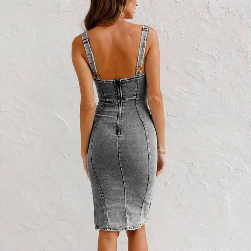 Slim Fit Denim Midi Dress – Elegant Casual Party