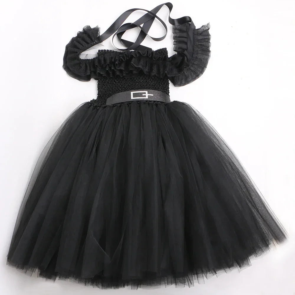 Girls Gothic Halloween Tutu Dress | Wednesday Black Lace Costume