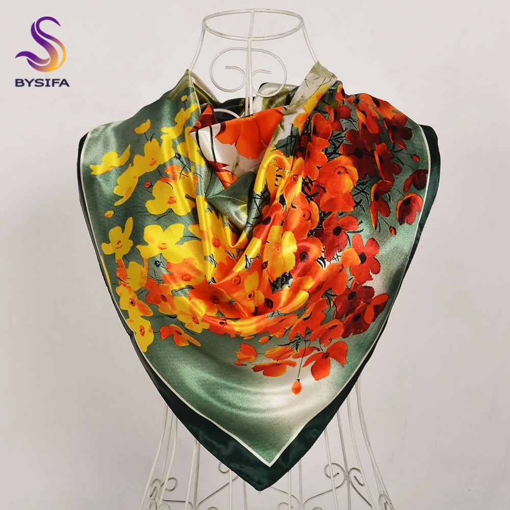 Women's Chinese Rose Satin Square Scarf – 90×90cm Silk-Style Headwrap