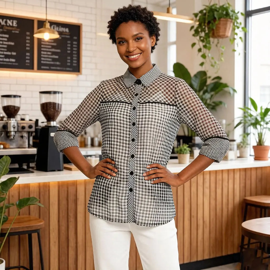 Women's Gingham Check Shirt – Black Plaid Button-Down Top