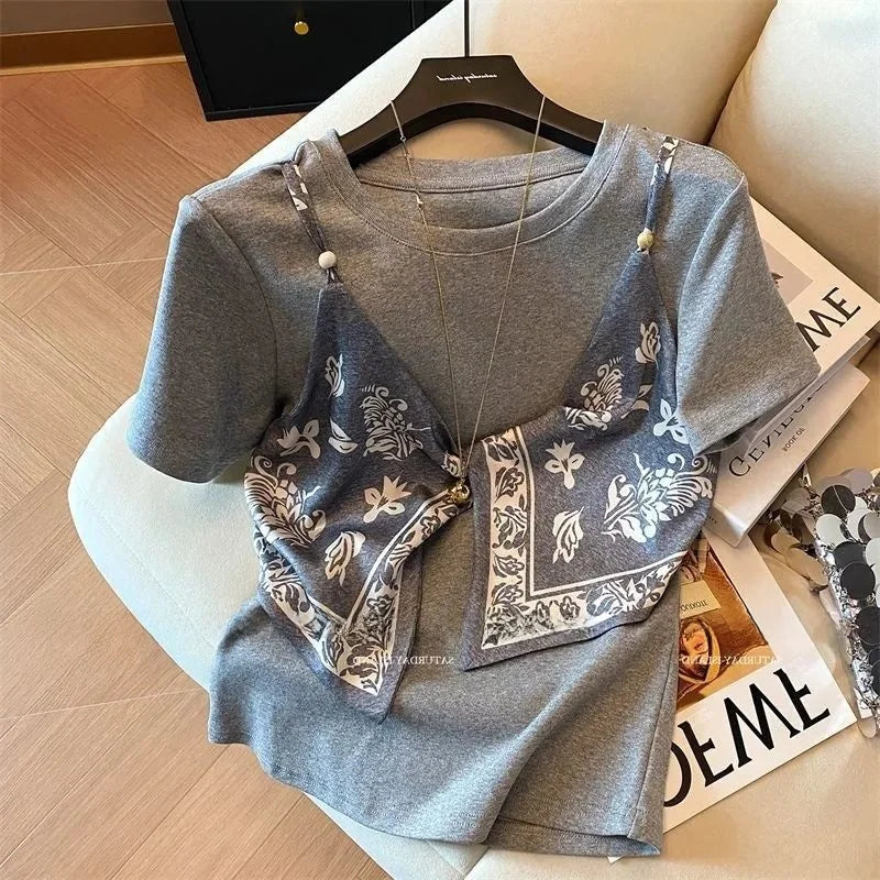 Women's Silk Scarf Splicing T-Shirt – Fake Two-Piece Summer Top