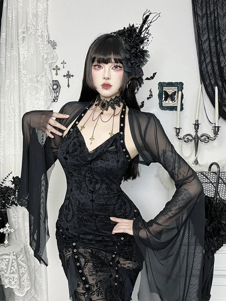 Women's Gothic Mesh Crop Blouse – Halloween Bat Sleeve See-Through Top