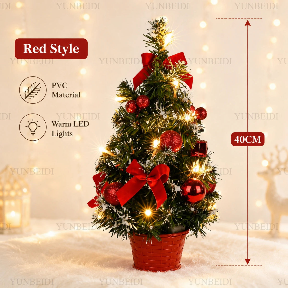 40cm Decorated LED Tabletop Christmas Tree – Gold, Red or Silver