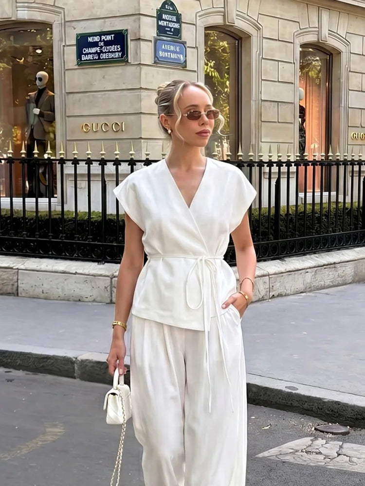 Women's Linen Co-ord Suit – V-Neck Sleeveless Vest Top & Wide Leg Trousers Set