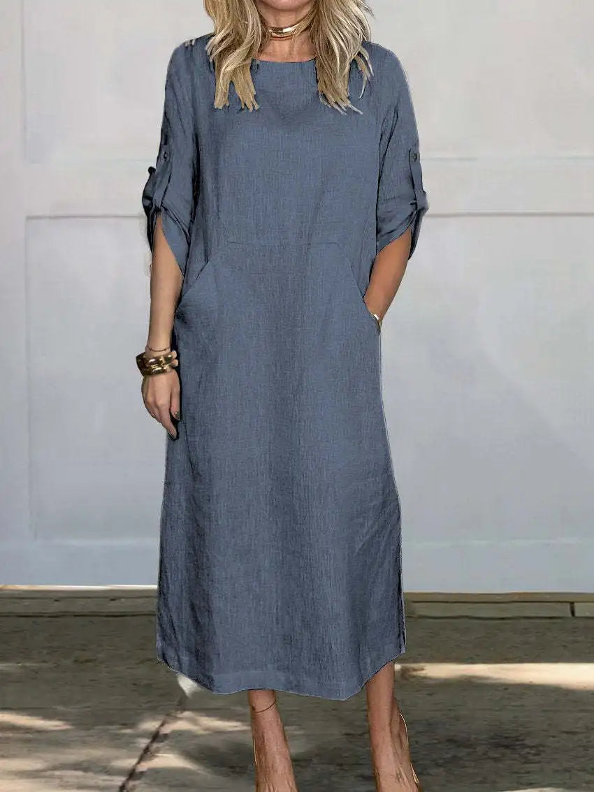 Cotton Linen Dress For Women 2026 Summer Loose Casual Solid Color Short-sleeved Pockets Long Dresses Elegant Women's Clothing