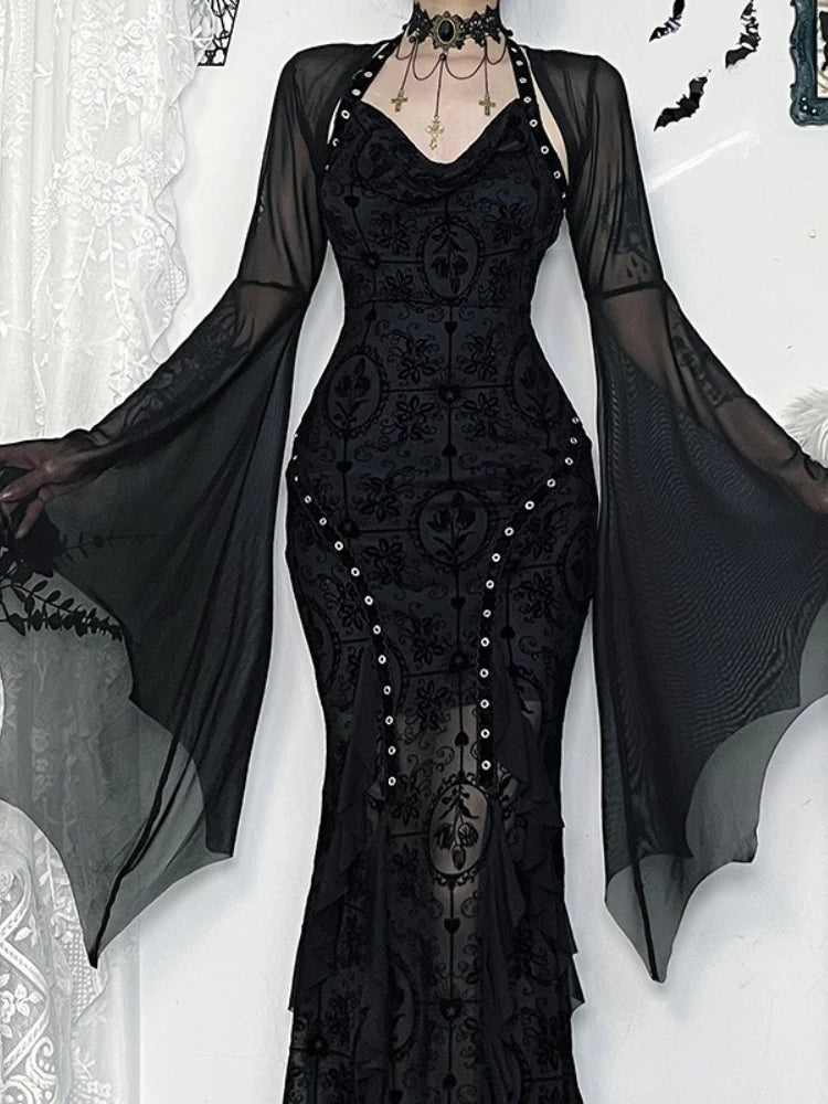 Women's Gothic Mesh Crop Blouse – Halloween Bat Sleeve See-Through Top