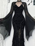 Women's Gothic Mesh Crop Blouse – Halloween Bat Sleeve See-Through Top
