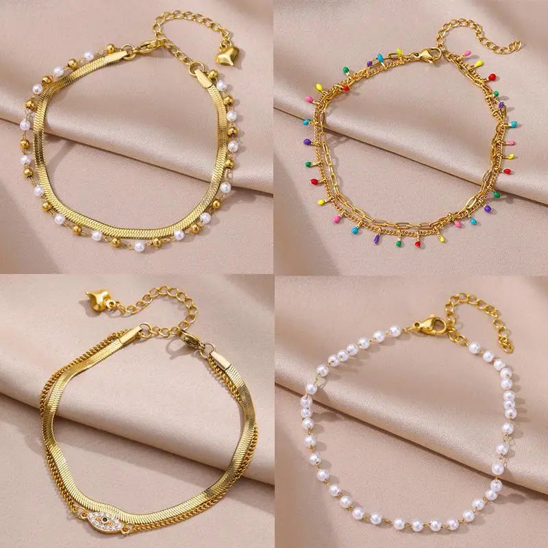 Women's Gold Pearl Anklet – Stainless Steel Summer Beach Ankle Bracelet