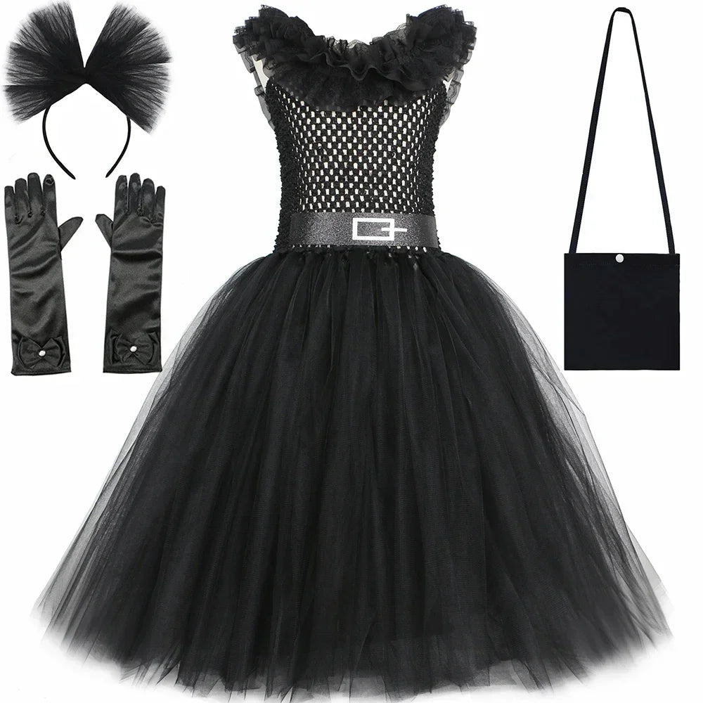 Girls Gothic Halloween Tutu Dress | Wednesday Black Lace Costume