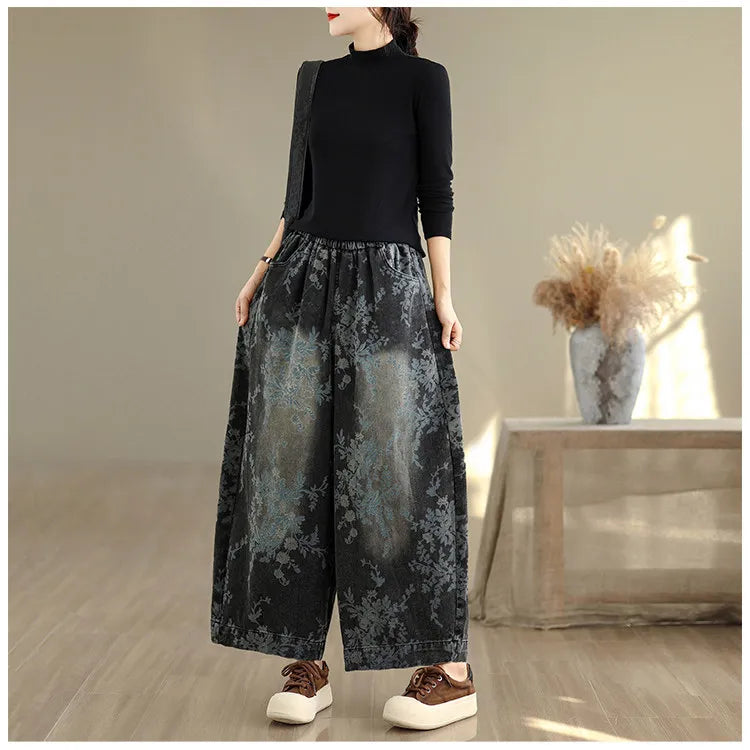 Women's Retro Printed Denim Jeans – Elastic Waist Wide Leg Trousers