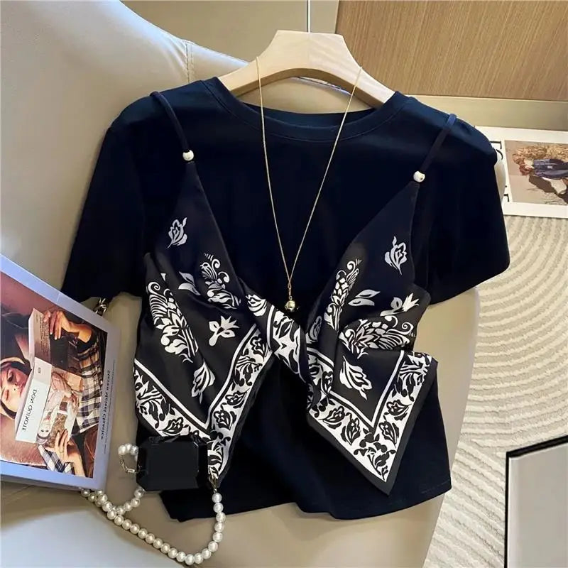 Women's Silk Scarf Splicing T-Shirt – Fake Two-Piece Summer Top